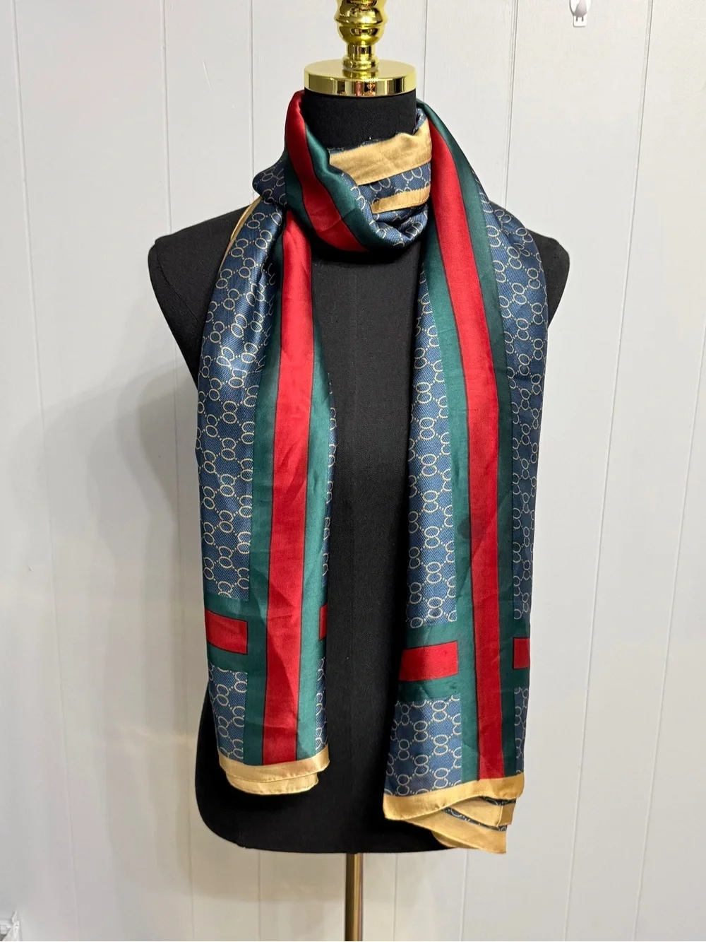 Silk Luxury Navy Patterned Large Scarf with Red & Green Stripes and Gold Trim